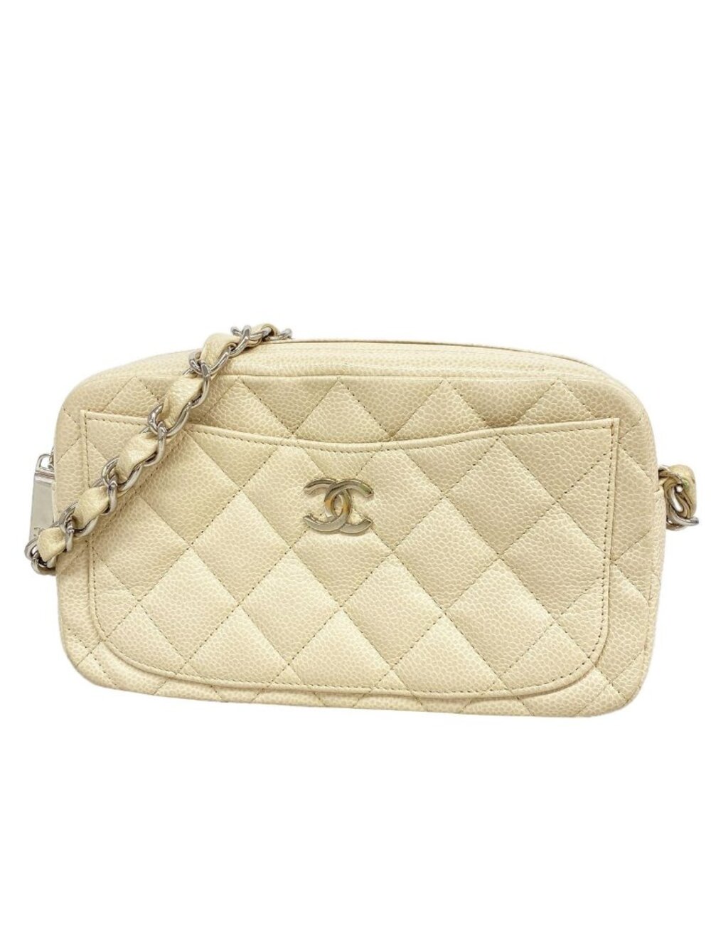 Chanel Shoulder Bag Quilted Caviar Leather Ivory Silver